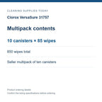 Clorox VersaSure 31757 — Multipack contents; 10 canisters × 85 wipes; 850 wipes total; Seller multipack of ten canisters