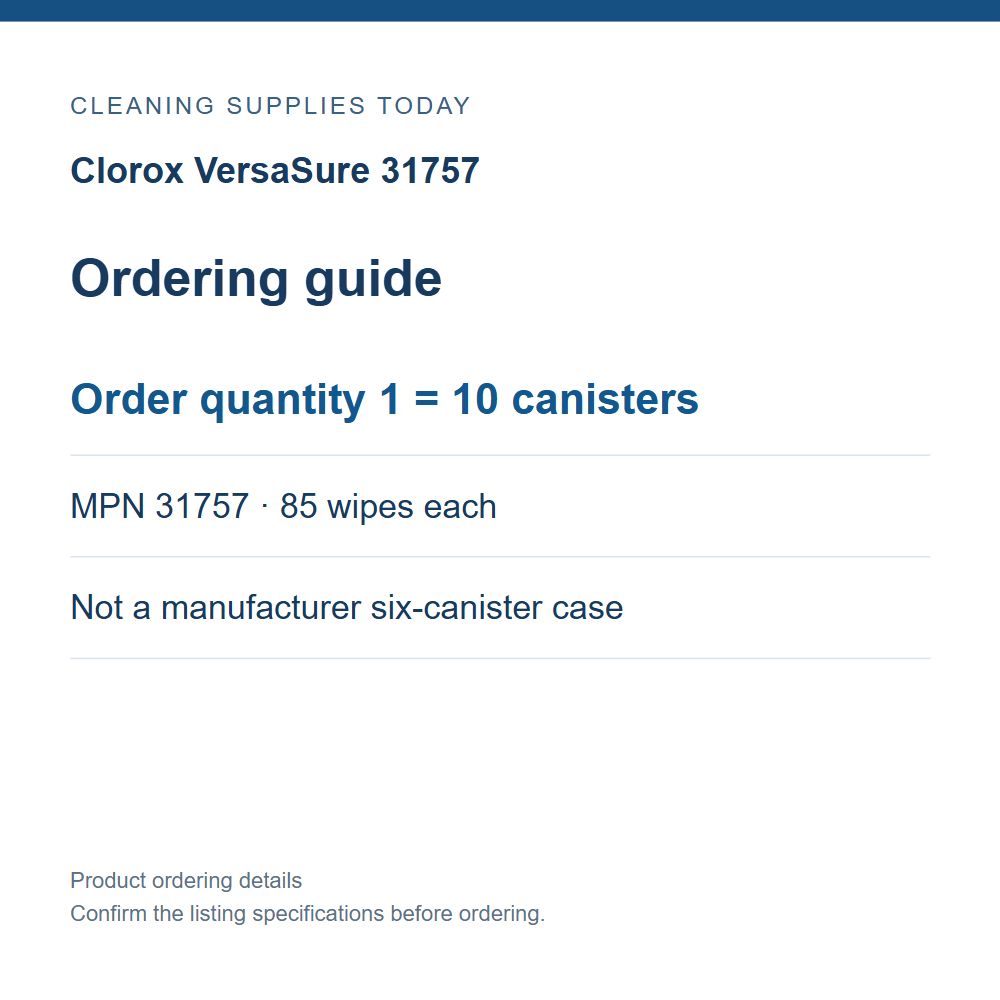 Clorox VersaSure 31757 — Ordering guide; Order quantity 1 = 10 canisters; MPN 31757 · 85 wipes each; Not a manufacturer six-canister case
