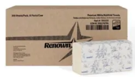 Renown Premium White Multifold Towels, 2-Case Pack, 8,000 Towels — manufacturer product photo; complete pack quantity is described separately