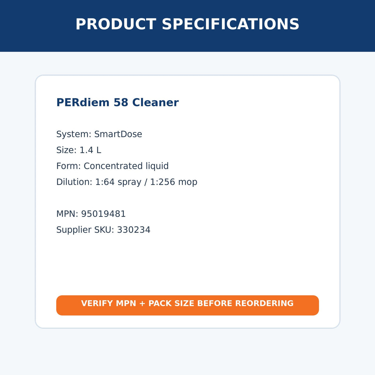 Diversey PERdiem 58 SmartDose cleaner MPN 95019481 – product specifications