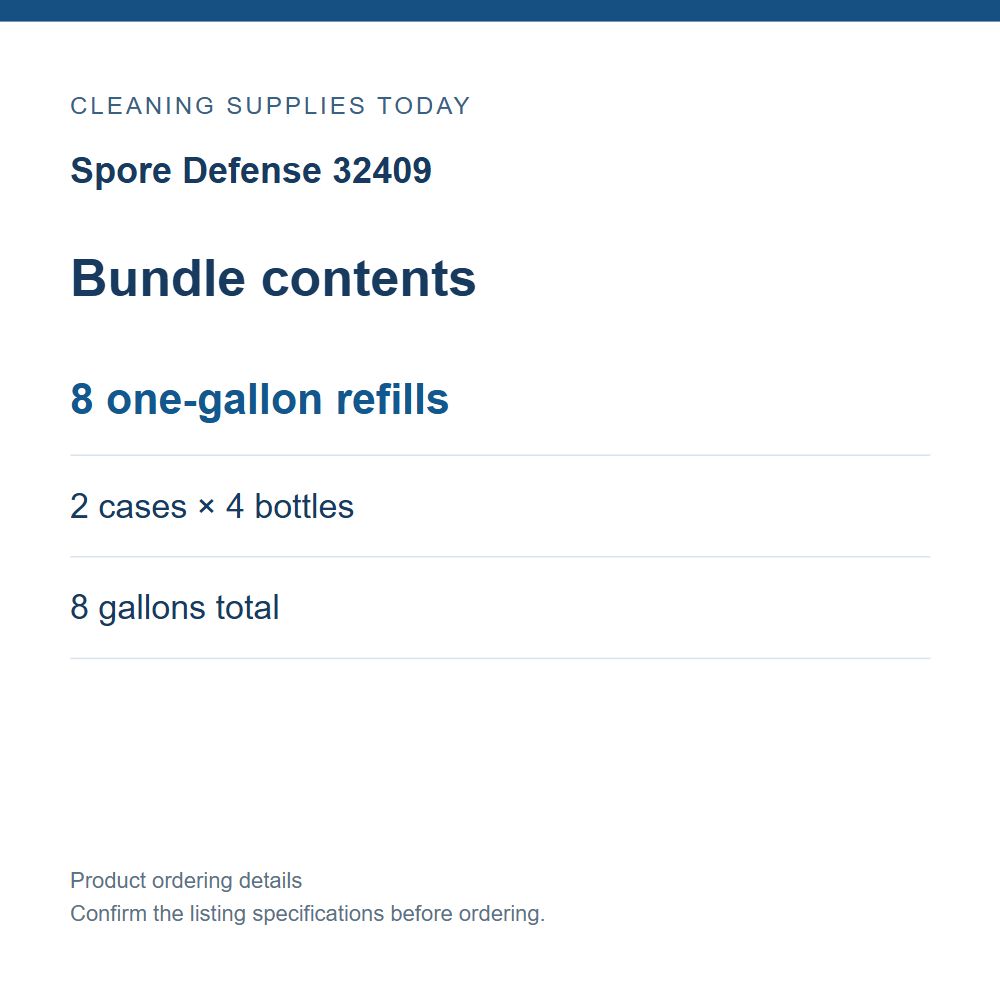 Spore Defense 32409 — Bundle contents; 8 one-gallon refills; 2 cases × 4 bottles; 8 gallons total