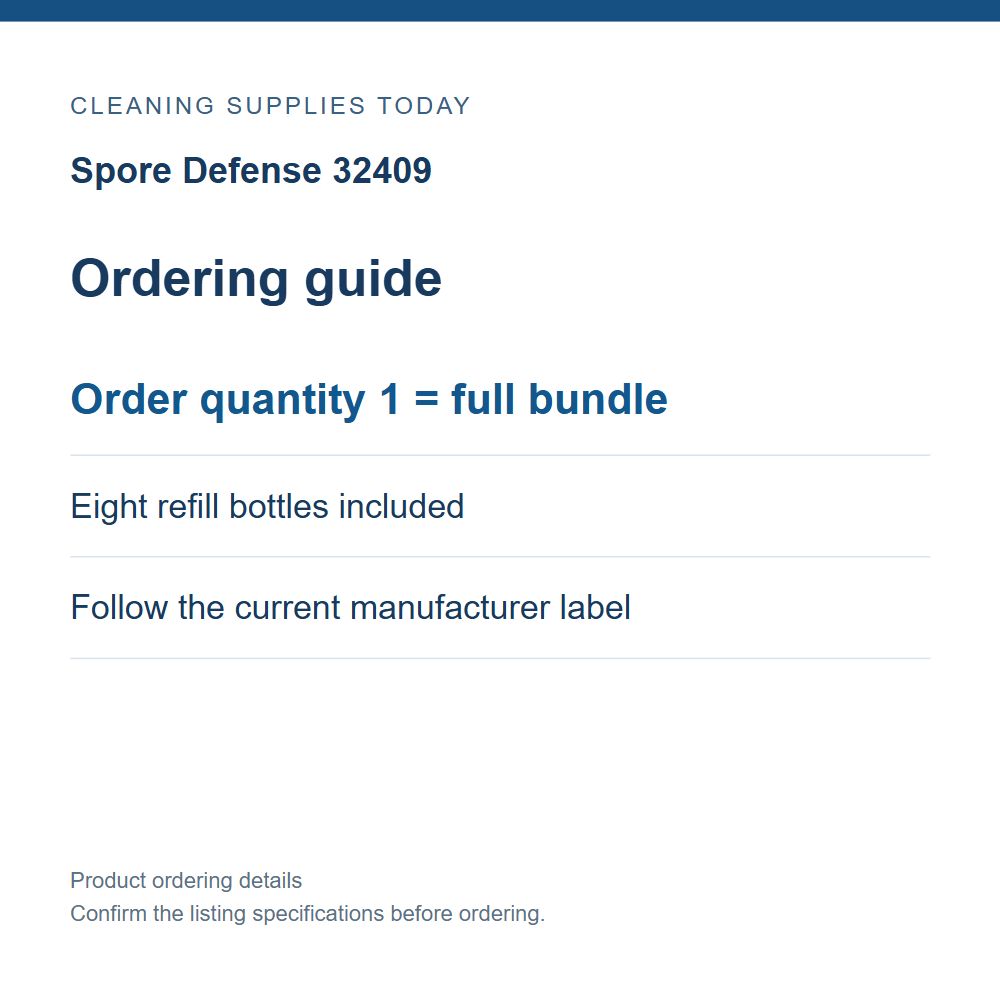 Spore Defense 32409 — Ordering guide; Order quantity 1 = full bundle; Eight refill bottles included; Follow the current manufacturer label