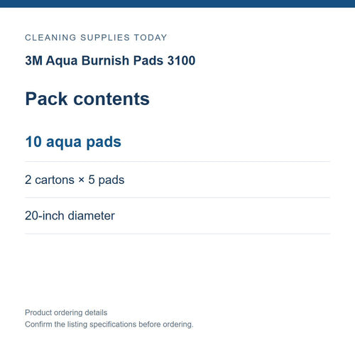 3M Aqua Burnish Pads 3100 — Pack contents; 10 aqua pads; 2 cartons × 5 pads; 20-inch diameter