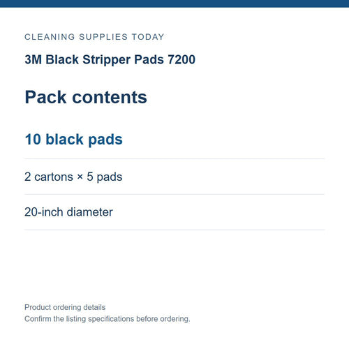 3M Black Stripper Pads 7200 — Pack contents; 10 black pads; 2 cartons × 5 pads; 20-inch diameter