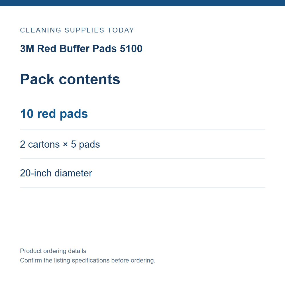 3M Red Buffer Pads 5100 — Pack contents; 10 red pads; 2 cartons × 5 pads; 20-inch diameter