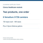 Clorox Healthcare restock — Two products, one order; 6 VersaSure 31758 canisters; 150 wipes each · 900 wipes; Plus 4 Spore Defense gallons