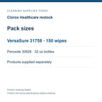 Clorox Healthcare restock — Pack sizes; VersaSure 31758 · 150 wipes; Peroxide 30828 · 32 oz bottles; Products supplied separately
