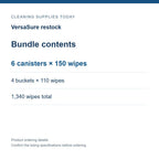 VersaSure restock — Bundle contents; 6 canisters × 150 wipes; 4 buckets × 110 wipes; 1,340 wipes total