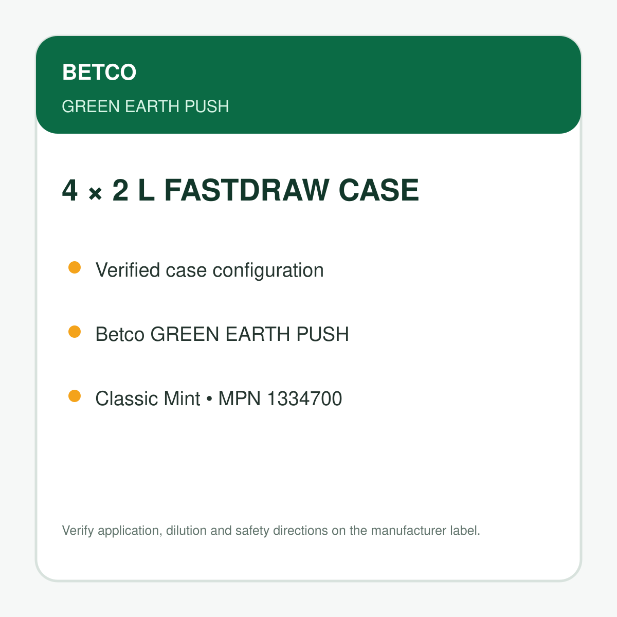 Betco Green Earth PUSH case configuration: four 2 L containers