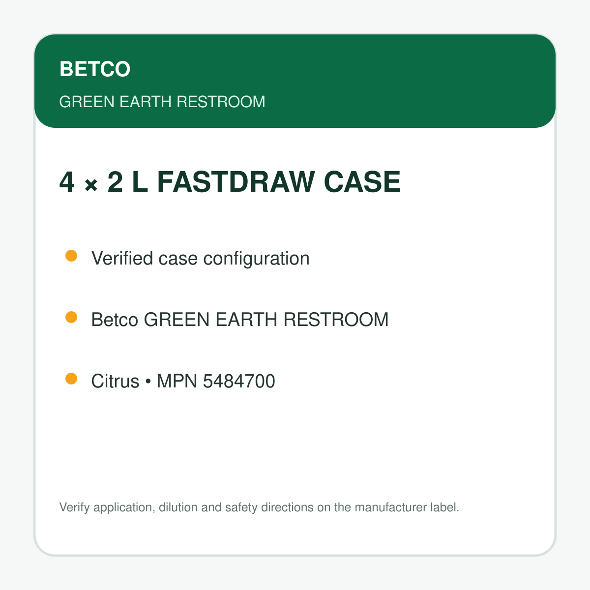 Betco Green Earth Restroom Cleaner case configuration: four 2 L containers