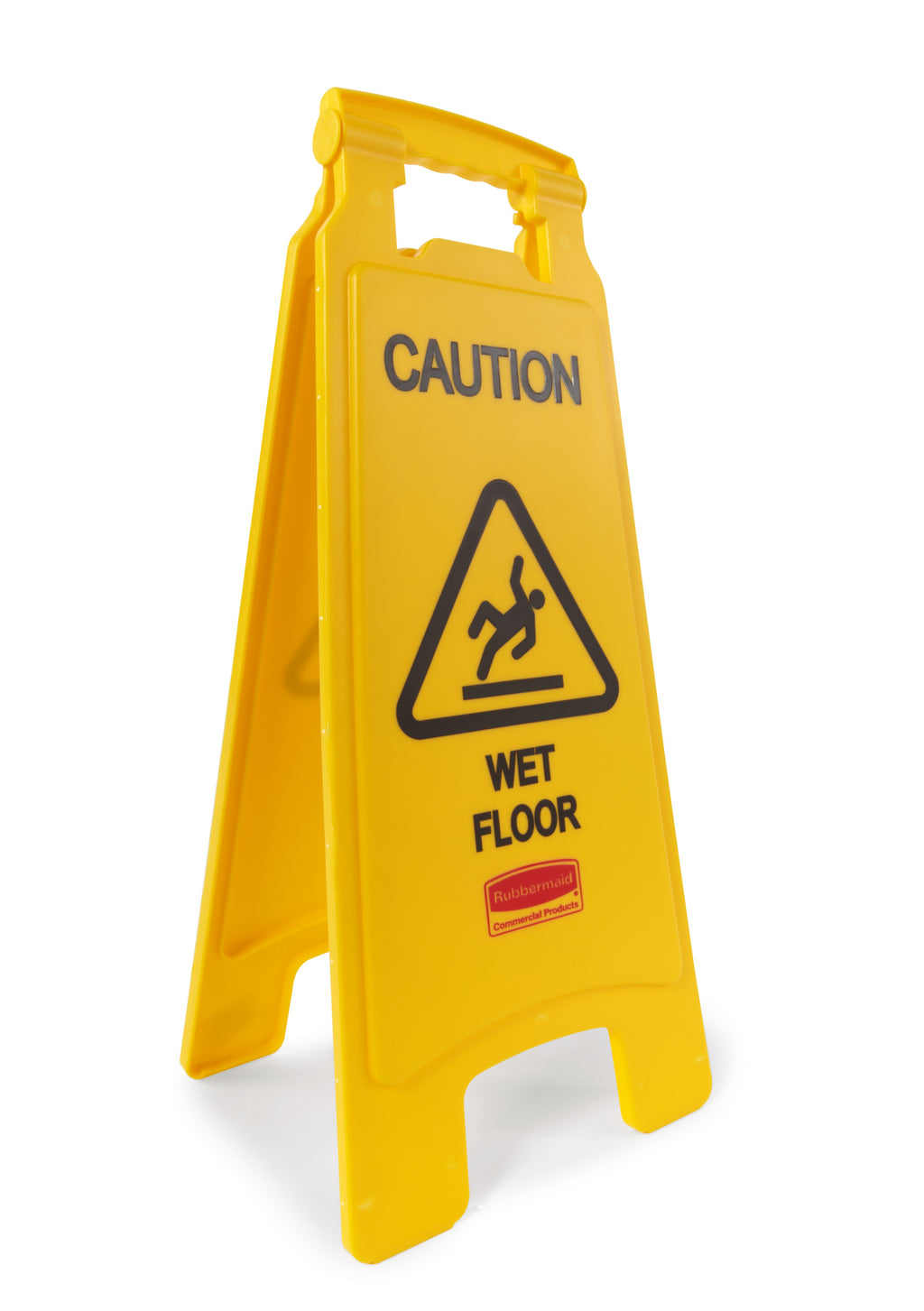 Rubbermaid FG611277YEL folding caution wet floor sign side view