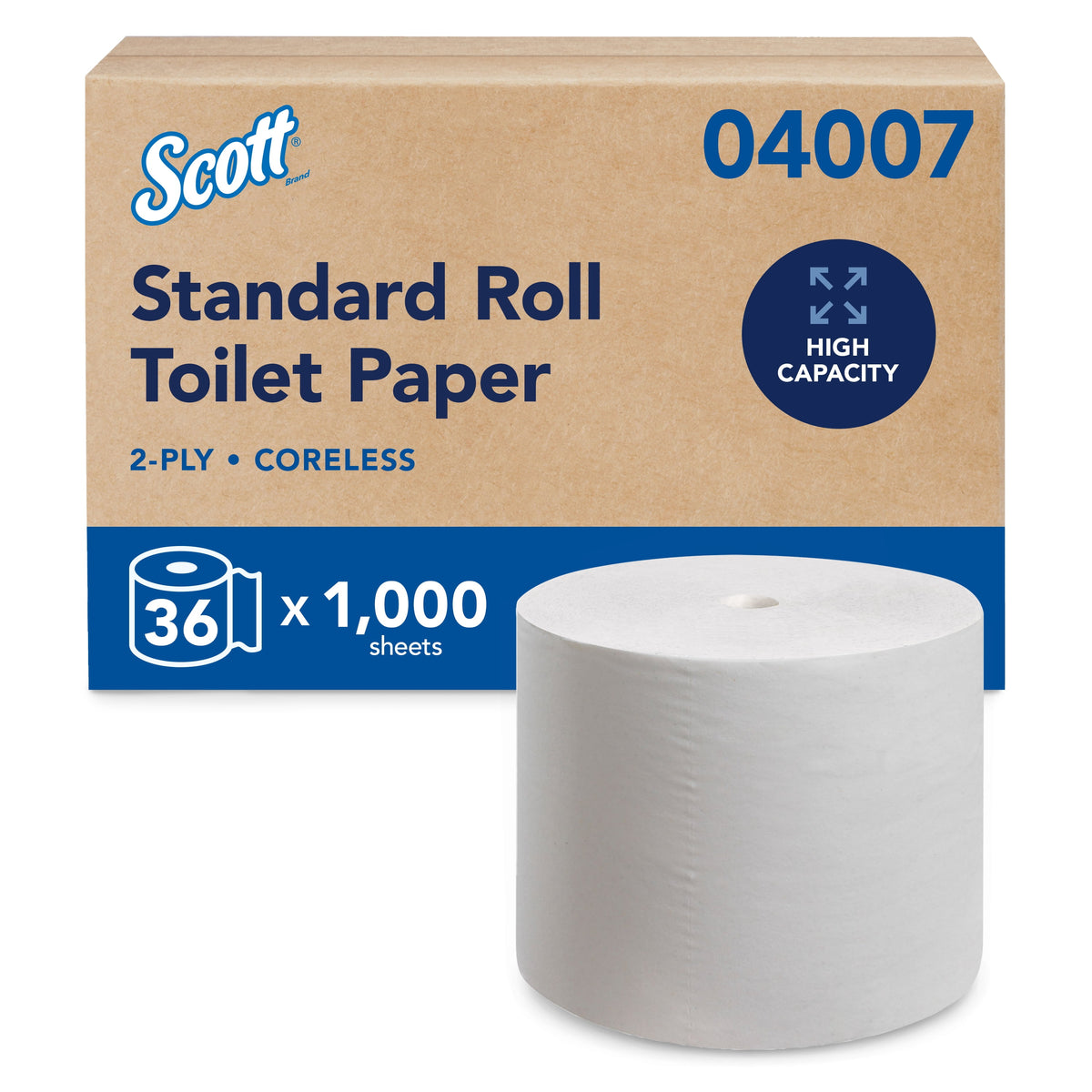 Scott Coreless 2-ply toilet paper, 1,000 sheets per roll, 36 rolls per case, MPN 04007