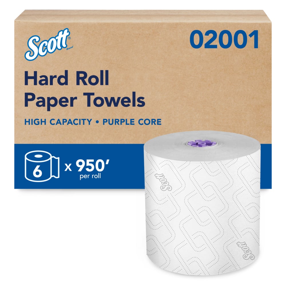 Scott Essential 02001 white hardwound paper towels, 950 feet per roll, 6 case