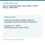 Scott Pro Hard Roll Paper Towels, White, 1,150 ft, 6/Case – MPN 25702 — details guide