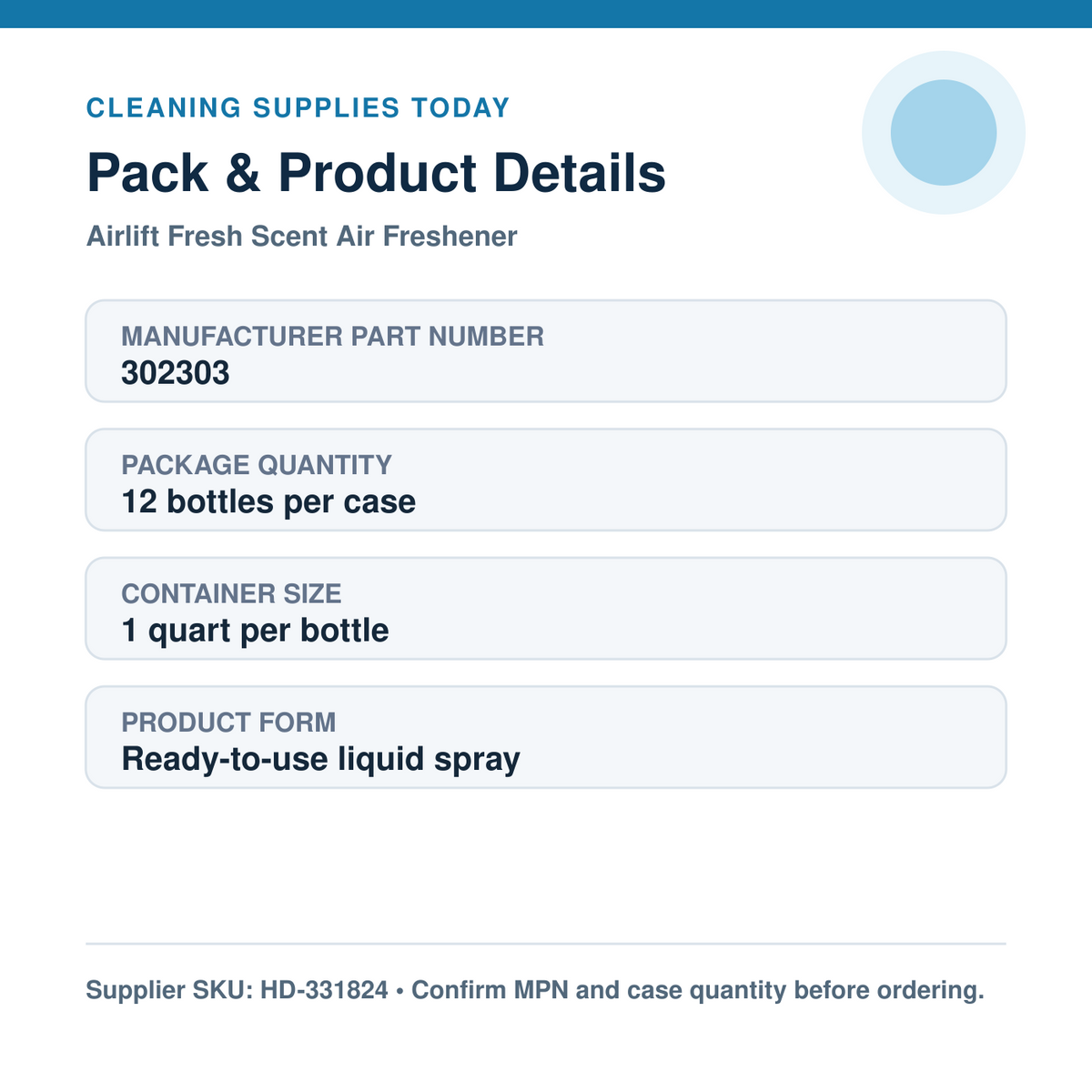 Spartan Airlift Fresh Scent 302303 package quantity, size and ordering details