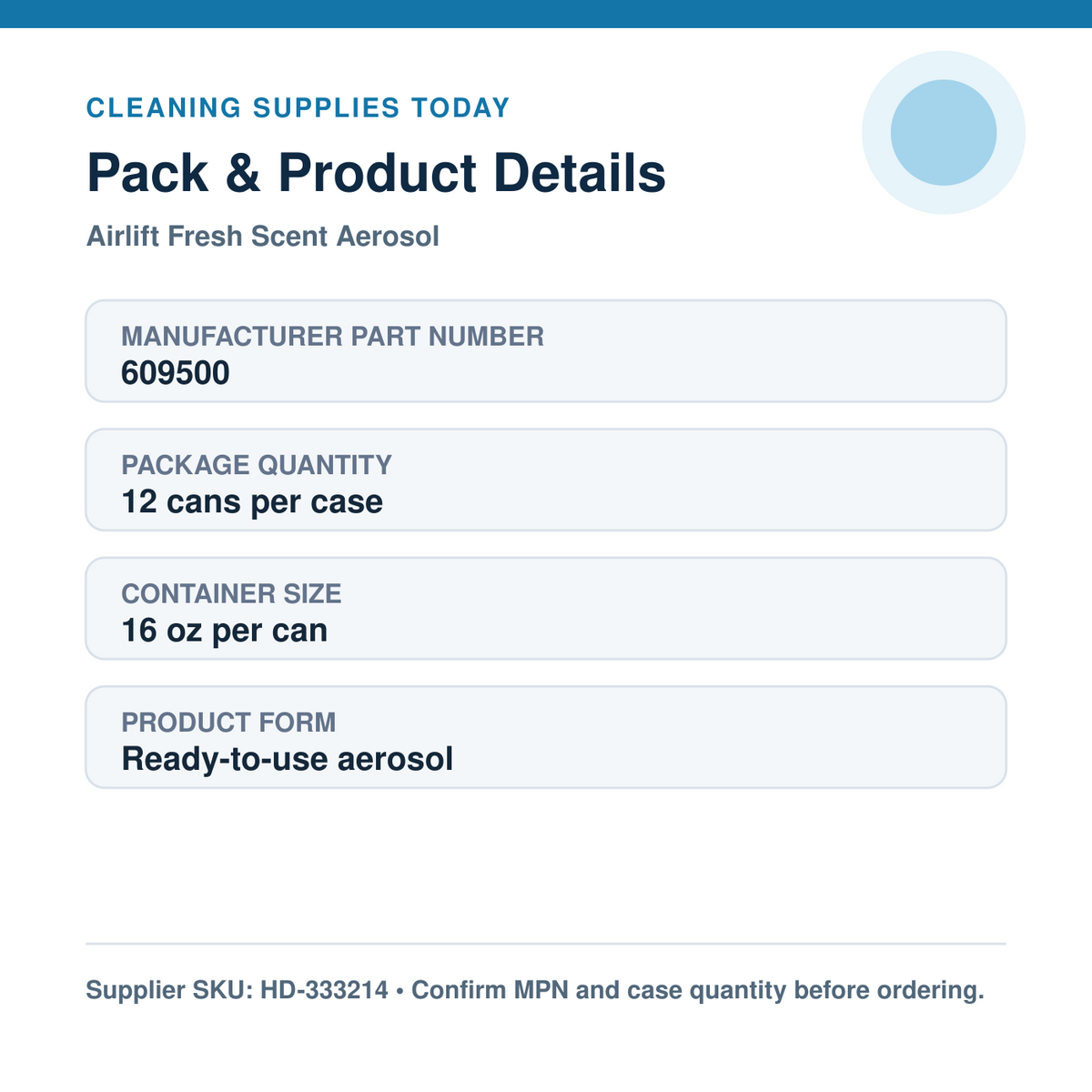 Spartan Airlift Fresh Scent aerosol 609500 package quantity, size and ordering details