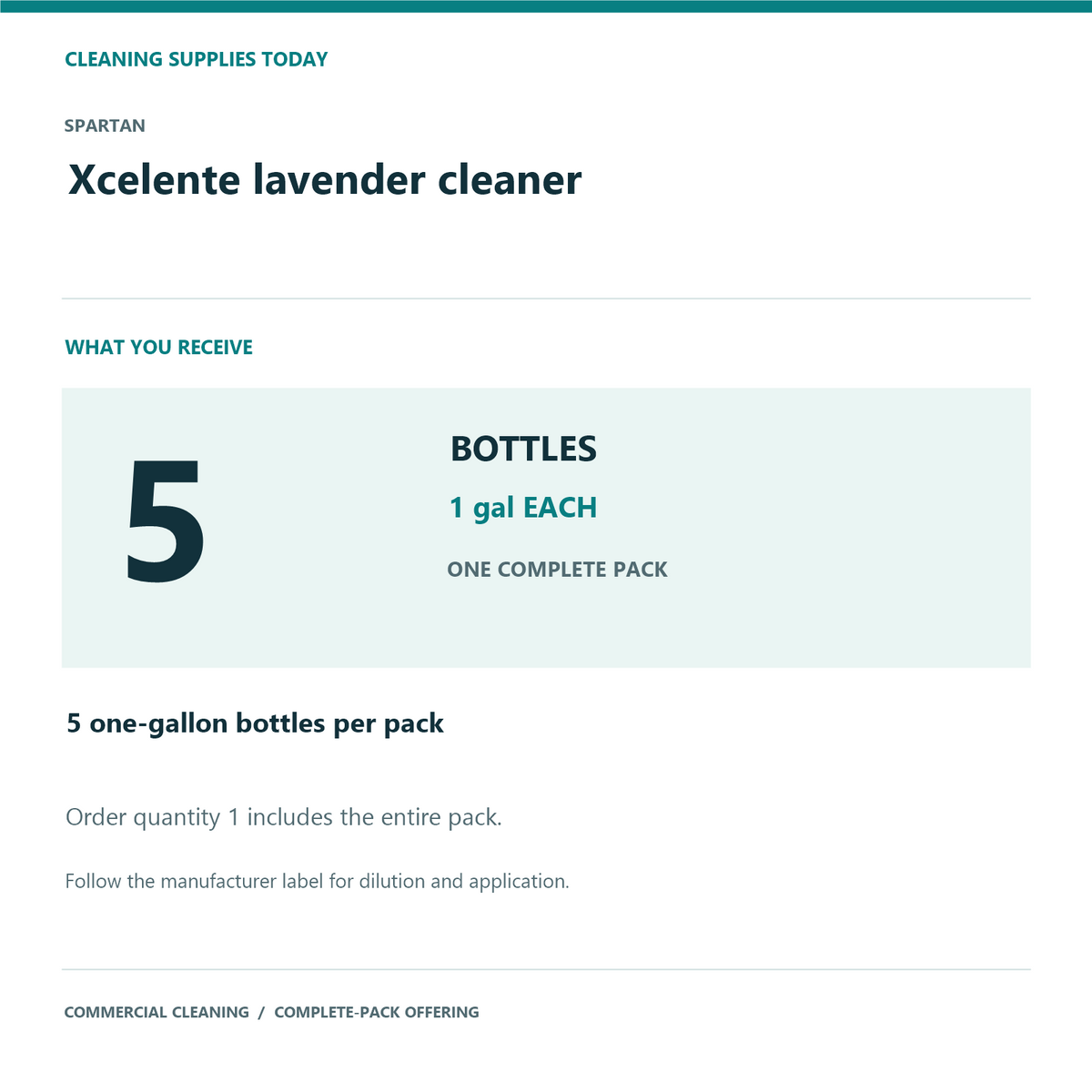Spartan Xcelente Lavender Multipurpose Cleaner, 1 Gallon – 5-Bottle Pack – What you receive and complete pack quantity