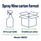 Informational diagram: Spray Nine 32 fl oz bottles in a 12-bottle carton, model 26832