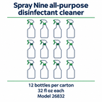 Informational illustration: twelve 32 fl oz bottles per Spray Nine carton
