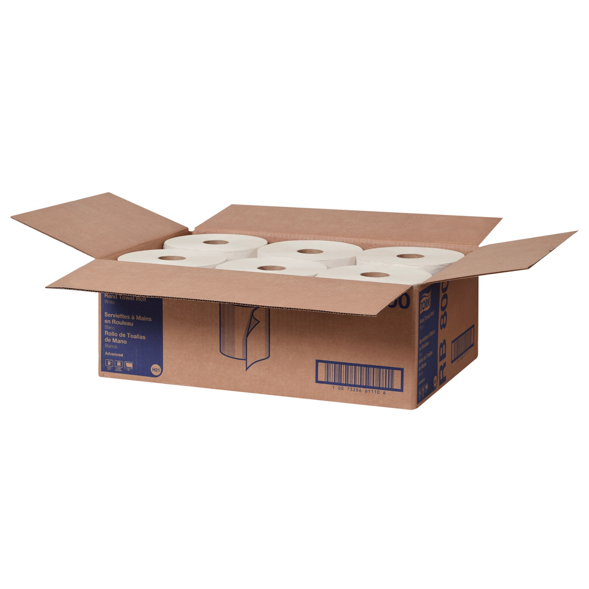 Tork Advanced RB800 — open case showing six white hardwound towel rolls