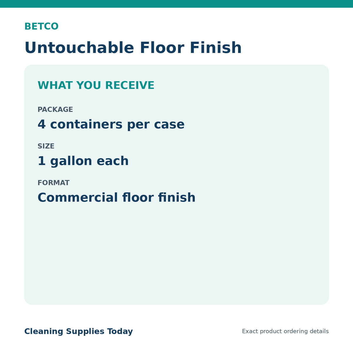 Betco Untouchable floor finish package quantity and container size