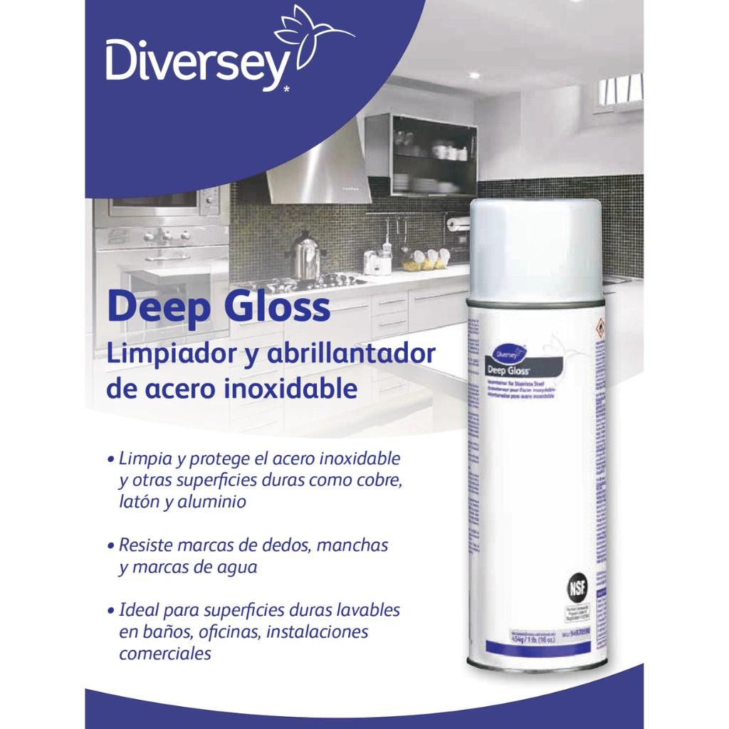 Diversey Deep Gloss 94970590 application graphic for stainless steel maintenance