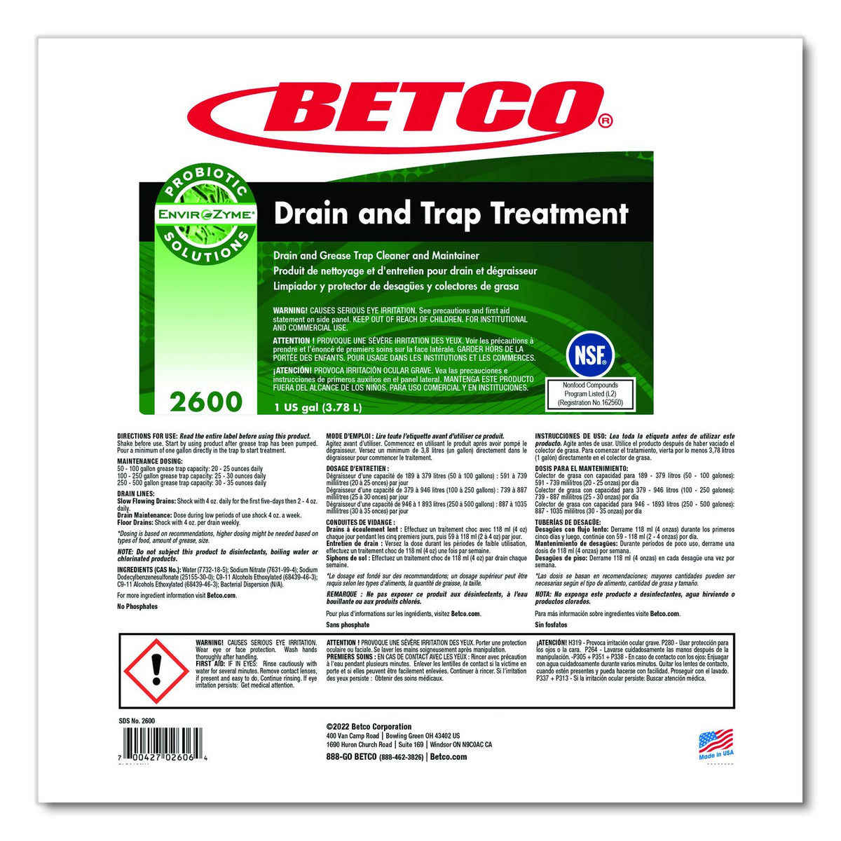 Betco Drain and Trap Treatment 26000400 one-gallon product label