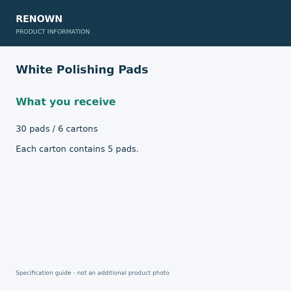 RENOWN White Polishing Pads - What you receive; 30 pads / 6 cartons; 13-inch diameter; product information graphic