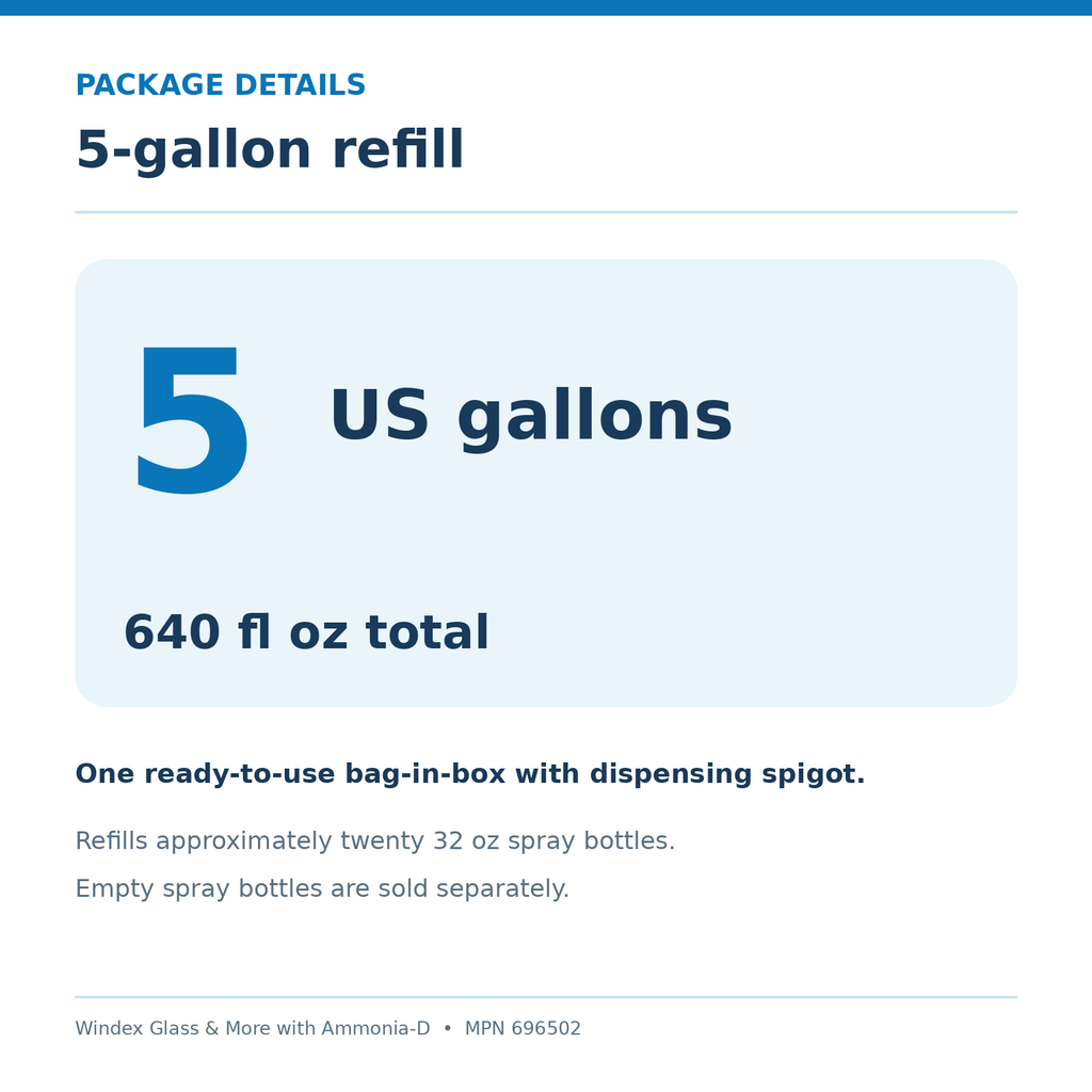 Information graphic: one 5 gallon 640 fl oz ready-to-use bag-in-box with dispensing spigot; empty bottles sold separately