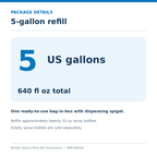Information graphic: one 5 gallon 640 fl oz ready-to-use bag-in-box with dispensing spigot; empty bottles sold separately