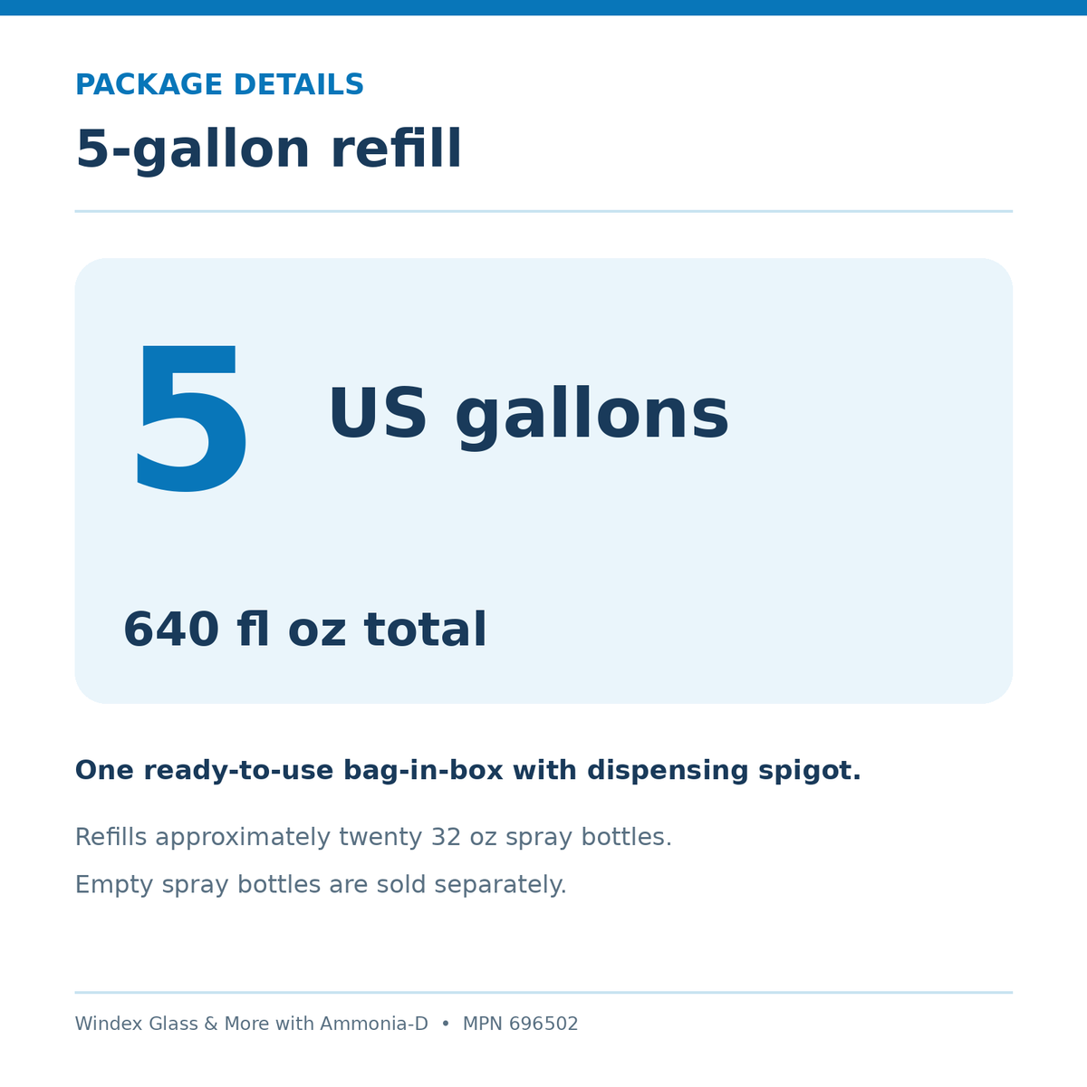 Information graphic: one 5 gallon 640 fl oz ready-to-use bag-in-box with dispensing spigot; empty bottles sold separately