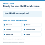 Information graphic: Windex Glass and More 696502 ready-to-use surfaces including windows, mirrors, chrome, stainless steel, sealed tile, plastic