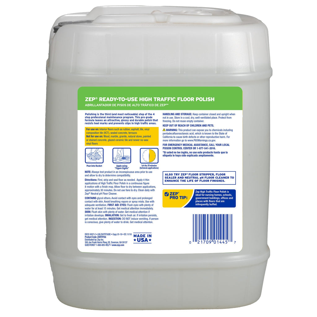 Zep ZUHTFF5G five-gallon pail back label with application directions and surface restrictions