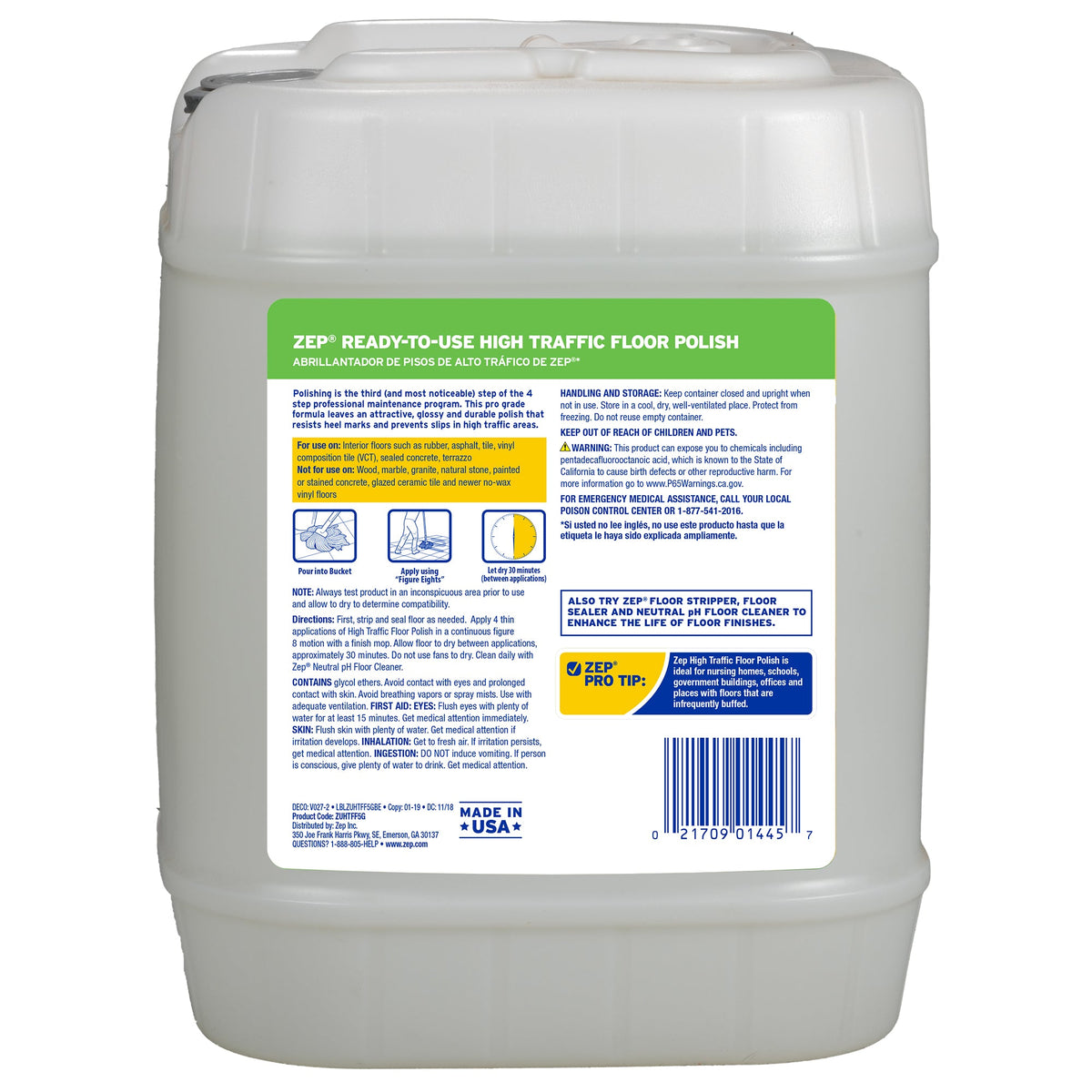 Zep ZUHTFF5G five-gallon pail back label with application directions and surface restrictions