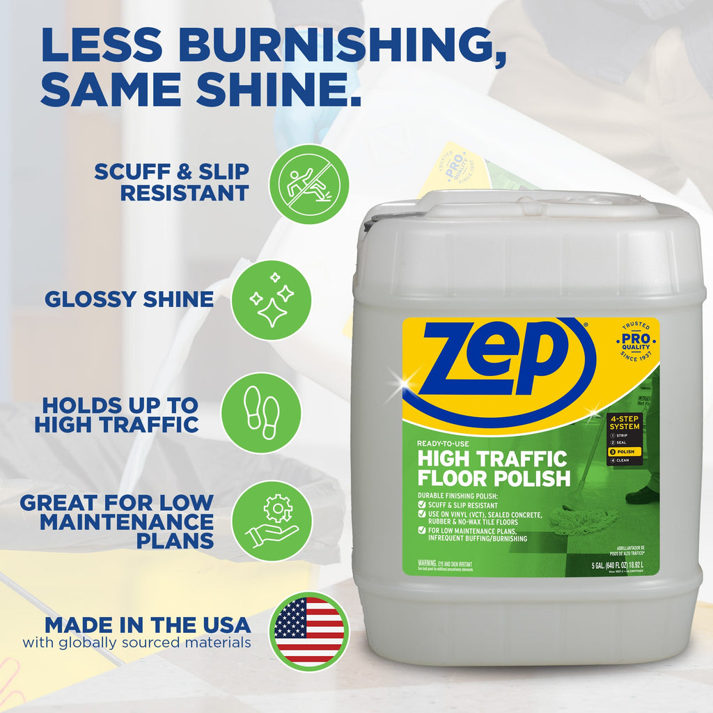 Zep High Traffic Floor Polish five-gallon pail and manufacturer feature guide