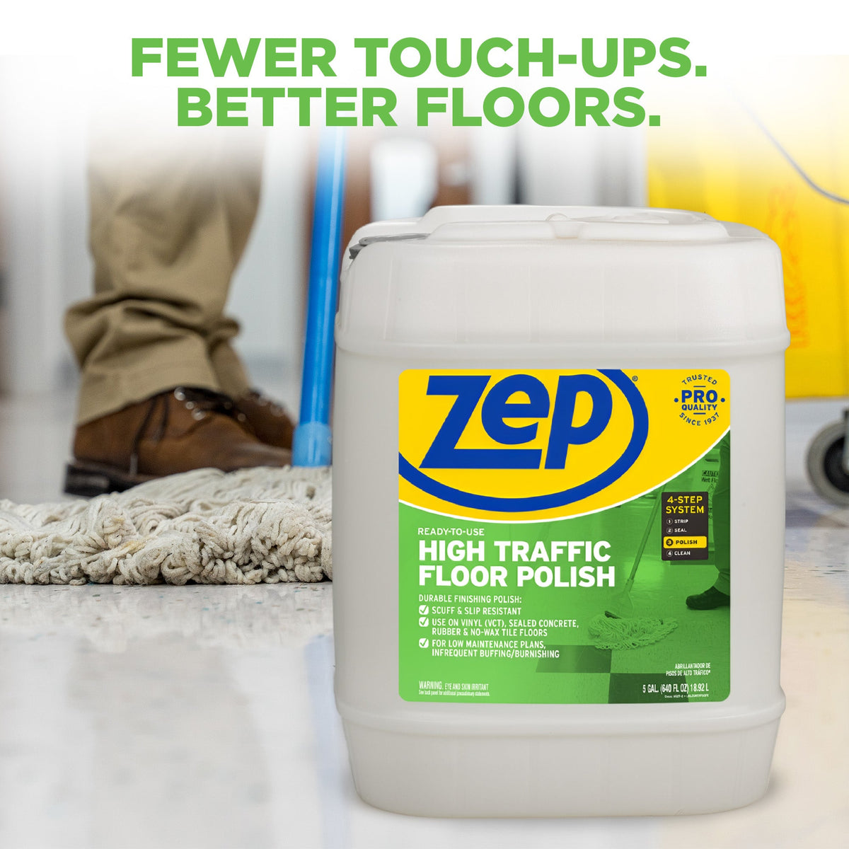 Zep ZUHTFF5G five-gallon floor polish pail beside a mop in a commercial setting