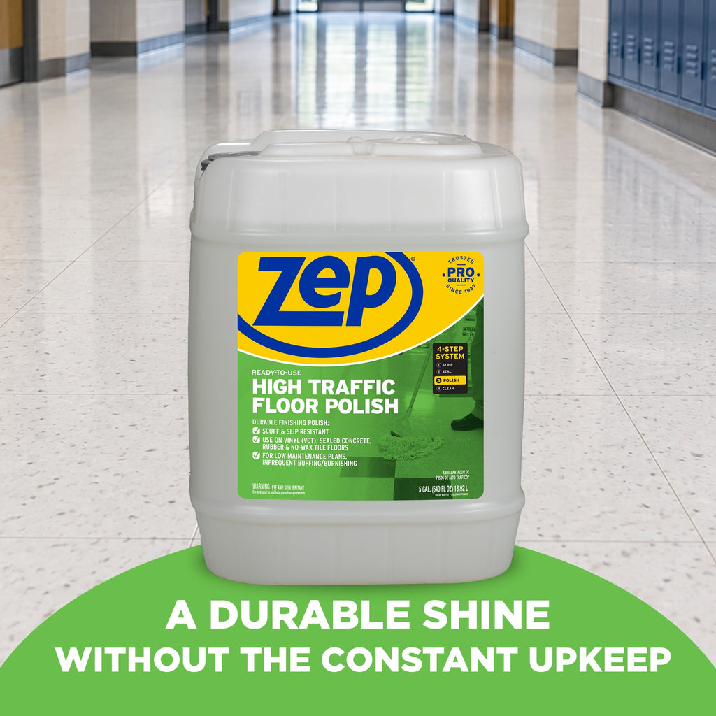 Zep ZUHTFF5G five-gallon High Traffic Floor Polish pail on a finished commercial floor