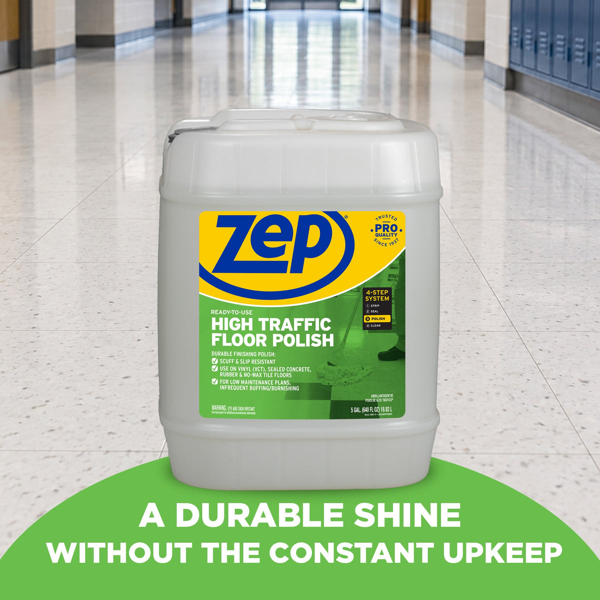 Zep ZUHTFF5G five-gallon High Traffic Floor Polish pail on a finished commercial floor