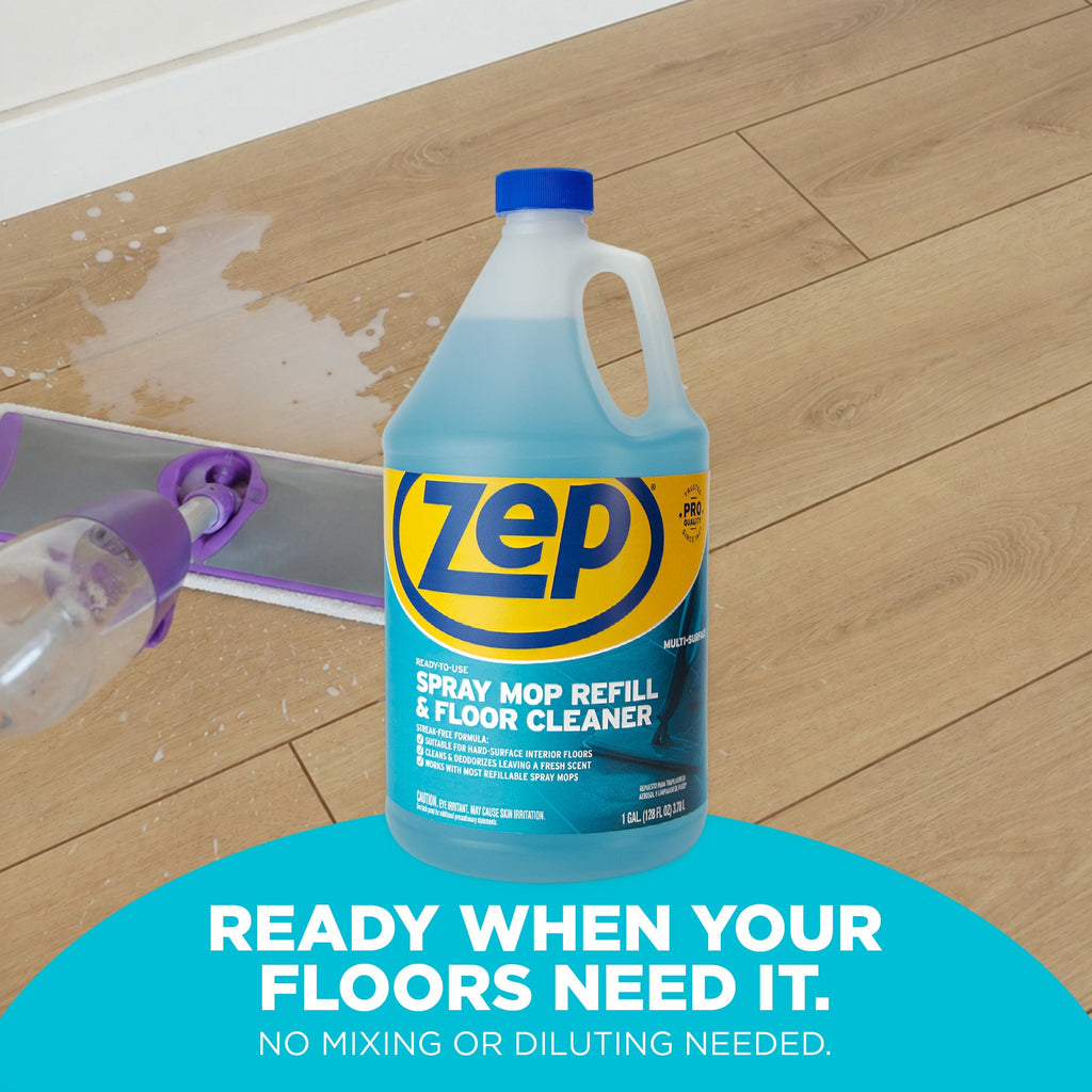 Zep ZUMSF128 one-gallon bottle beside a spray mop; offer includes 8 one-gallon bottles