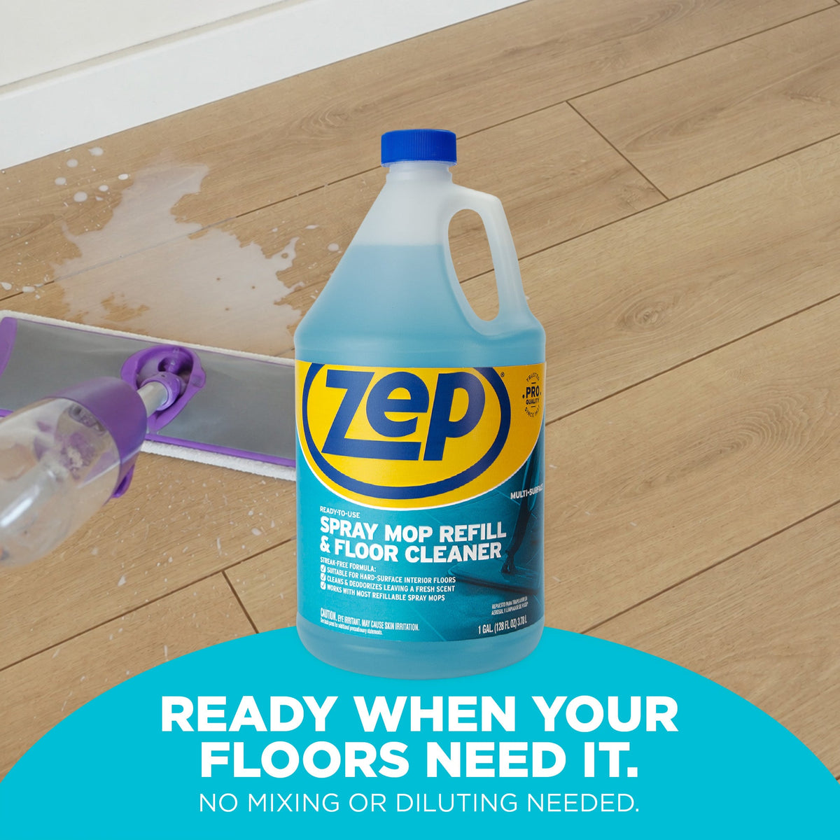 Zep ZUMSF128 one-gallon bottle beside a spray mop; offer includes 8 one-gallon bottles